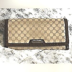 Celine Beige Macadam Canvas w/ Croc Embossed Leather French long Wallet-rare